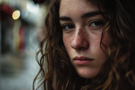 Pensive young woman with freckles and curly hairの素材
