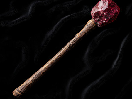 Rugged wooden mallet with large red crystalの素材