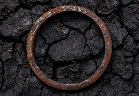 Rusted metal ring on cracked earthの素材