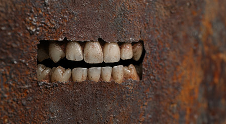 Close-up of weathered teeth in a rusty metal surfaceの素材