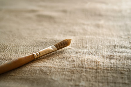 Closeup of a paintbrush on a textured fabric backgroundの素材