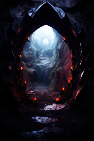 Mysterious dark fantasy cave with glowing lightsの素材