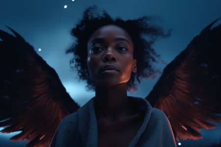 Mysterious woman with dark curly hair and wings in the night skyの素材