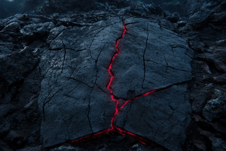 Glowing Lava Flowing Through Cracks in Dark Volcanic Rockの素材