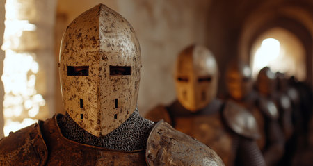 ancient medieval knight helmets on displayの素材