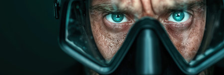 intense gaze of a person in protective gearの素材