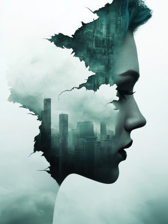 double exposure portrait of a person with a city skylineの素材