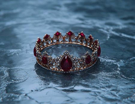 Regal crown with ruby gemstones floating on waterの素材