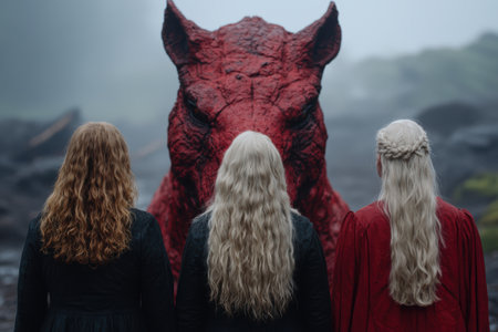 three women in dark cloaks standing before a large red demonic figureの素材