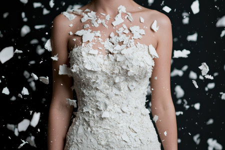 Elegant woman in white dress covered in snow flakesの素材