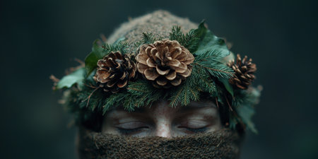 festive winter wreath with pine cones and greeneryの素材