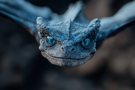 close-up of a blue-grey lizard with striking eyesの素材