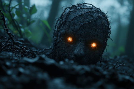 Mysterious glowing eyes in the dark forestの素材