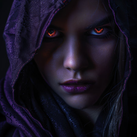 Mysterious hooded figure with glowing eyesの素材