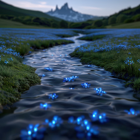 Enchanting mountain stream with glowing blue flowersの素材