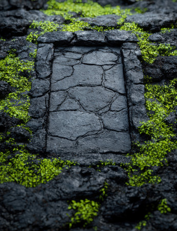 Lush greenery contrasting with rugged stoneの素材