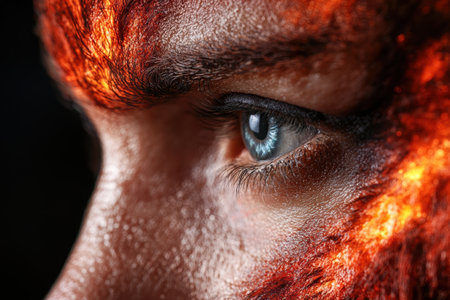Intense close-up of a fiery red eyeの素材