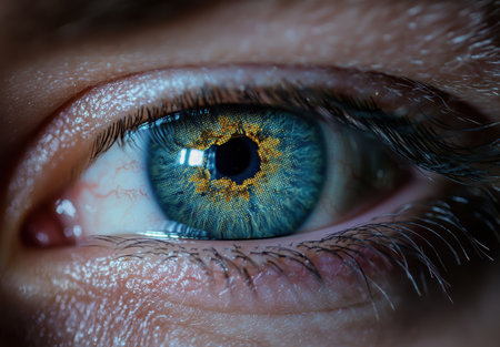 Extreme close-up of a human eye with vibrant blue irisの素材