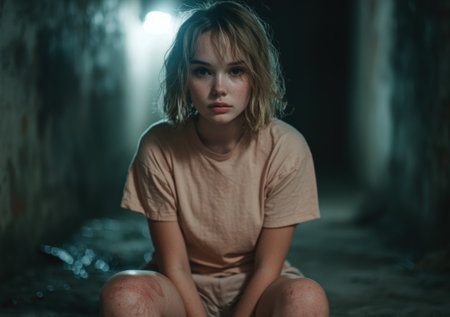 thoughtful young woman in beige shirt sitting outdoorsの素材