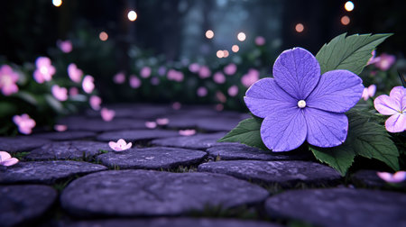 Vibrant purple flower in a serene garden settingの素材