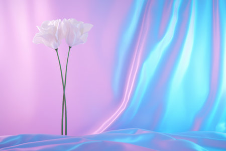 Delicate white flower against vibrant blue and pink backgroundの素材