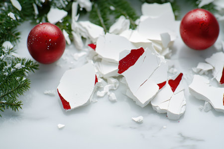 festive red ornaments and broken white ornament pieces in snowy sceneの素材