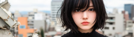 young asian woman with dark hair in the cityの素材