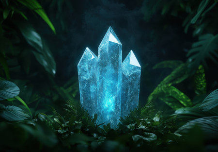 Glowing crystal formation in lush jungleの素材