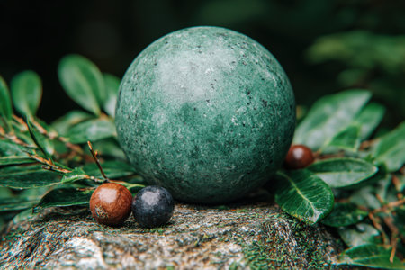 Moss-covered stone sphere surrounded by greeneryの素材
