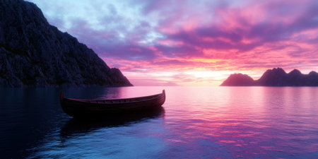 serene mountain lake sunset landscape with boatの素材