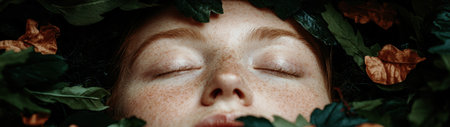 Serene woman's face surrounded by natureの素材