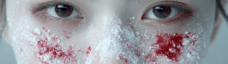 Dramatic close-up of a person's face covered in snow and bloodの素材
