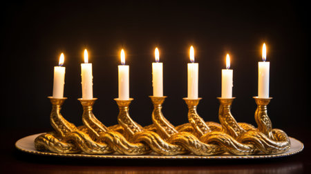 Ornate golden candelabra with burning candlesの素材