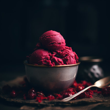 Vibrant red ice cream scoops in a bowlの素材