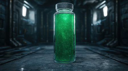 Glowing green liquid in glass jarの素材