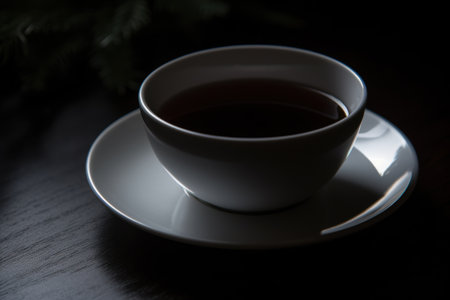 dark coffee cup on wooden tableの素材