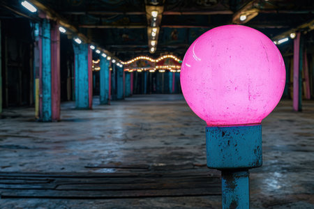 Glowing pink orb in abandoned industrial spaceの素材