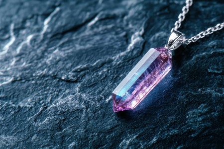 Vibrant amethyst crystal pendant on dark rock backgroundの素材