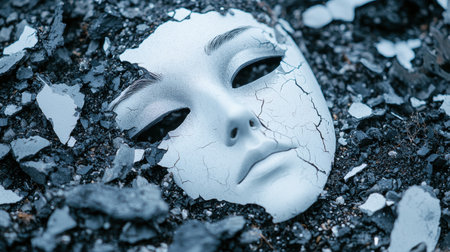 Cracked and weathered mask in snowの素材