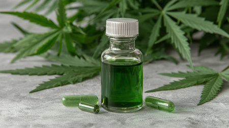 cannabis oil in glass bottle with hemp leavesの素材