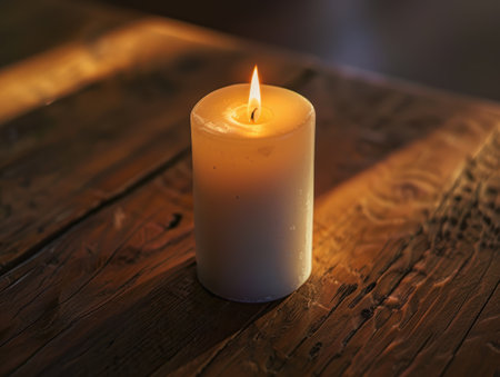 Warm candlelight on a wooden surfaceの素材