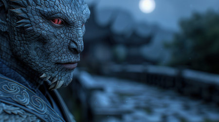 Mysterious blue dragon-like creature in the moonlightの素材