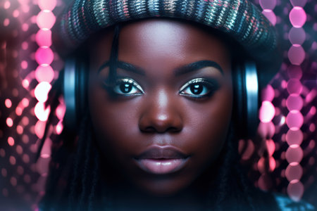 Confident young woman with striking makeup and headphonesの素材