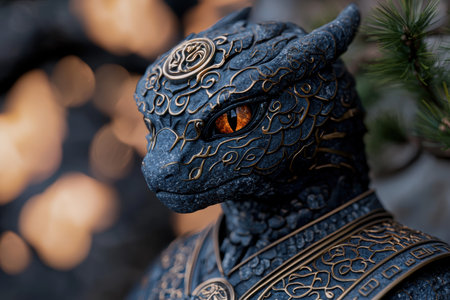 Intricate dragon sculpture with glowing eyesの素材