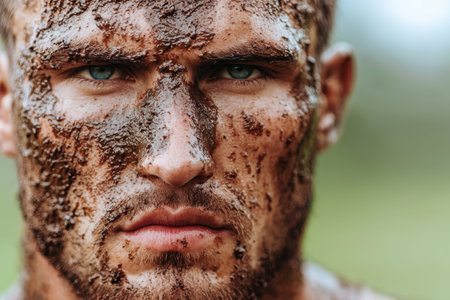 Rugged outdoor adventurer with mud-covered faceの素材
