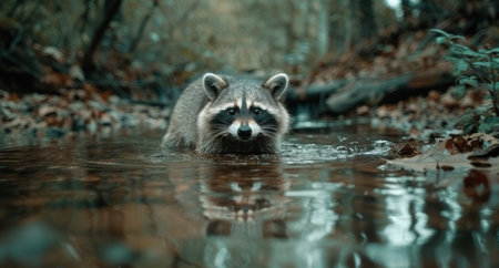 Curious raccoon swimming in forest streamの素材