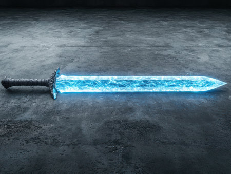 Glowing fantasy sword on dark backgroundの素材