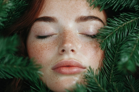 woman's face surrounded by pine branchesの素材