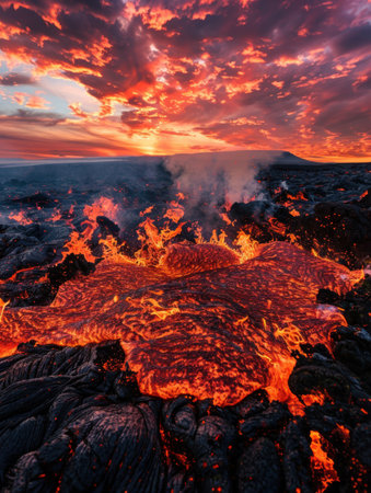 Dramatic fiery volcanic eruption at sunsetの素材