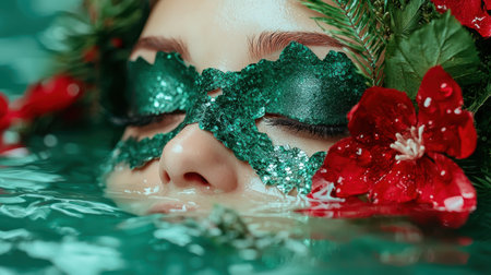 festive woman in water with flowersの素材